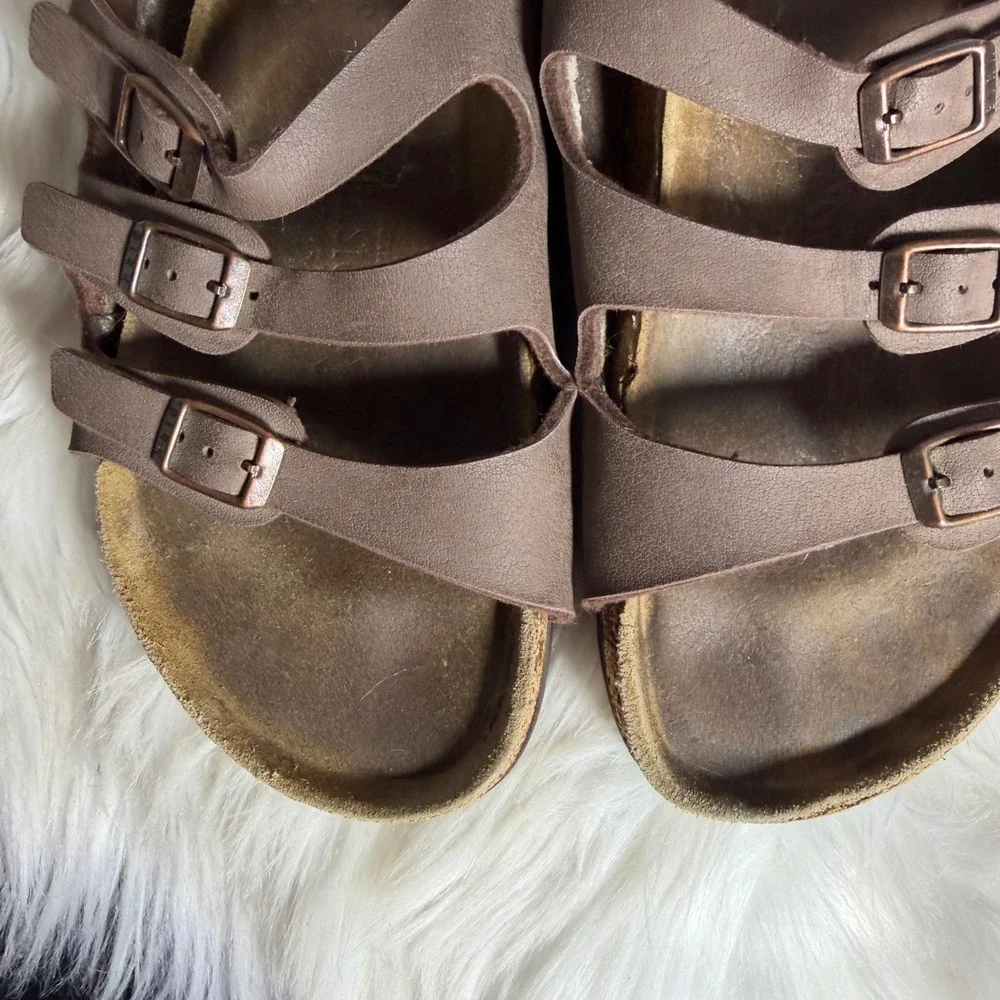 Birkenstock Florida Brown Three Strap Birko-Flor Slide Sandals‎ Size 38 L7 M5
